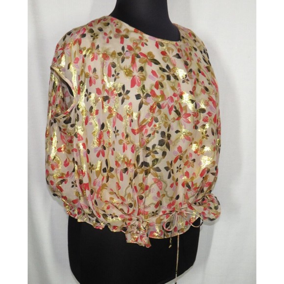 Diane Von Furstenberg Silk Blouse Cream Gold Pink Floral Drawstring, Size 12 - Picture 13 of 13